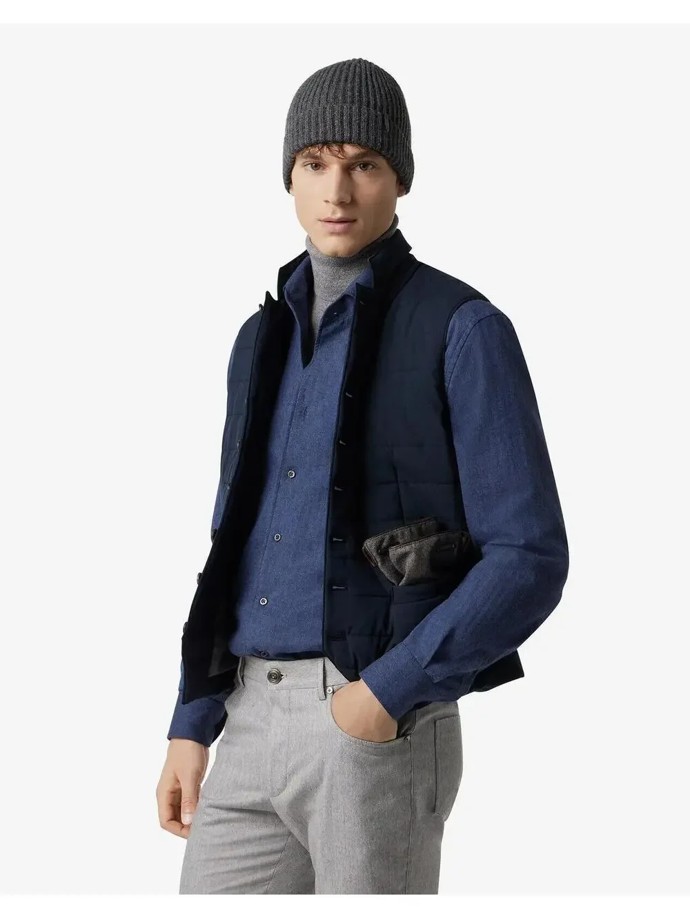 $695 NWOT Corneliani Mens Blue Padded Techno Poplin Gilet Vest Size 48 XXL Lined